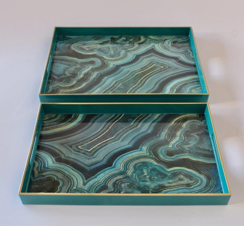 Set Of 2 Green Marbled Trays